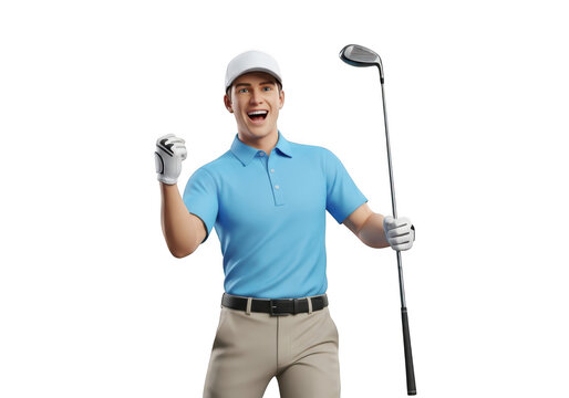 Joyful male golfer celebrating a victory with a club, isolated on white isolated on transparent background