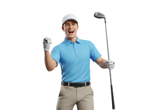Joyful male golfer celebrating a victory with a club, isolated on white isolated on transparent background