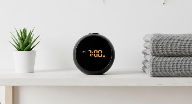Black digital alarm clock displays morning time next to potted succulent and stacked towels