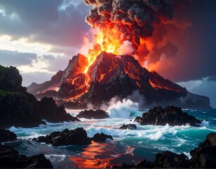 Erupting volcano spewing lava into ocean waters under stormy skies