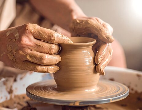 Close-up of hands shaping clay on a pottery wheel, crafting a vessel - Powered by Adobe