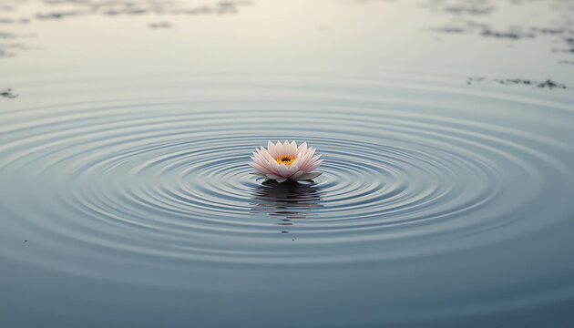 Single flower floating on calm water, subtle ripples, minimal zen aesthetic, 8K