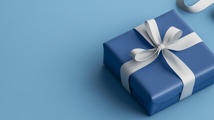 A blue gift wrapped with a shiny white ribbon on a matching blue background creates a serene and elegant visual.  The simple composition highlights the gift and its neat lines.