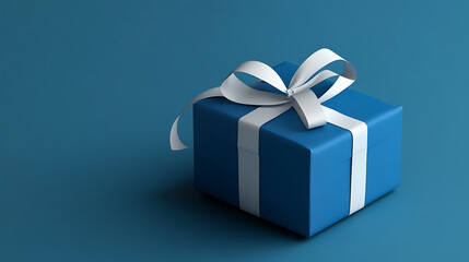 Obraz premium A charming blue gift box, adorned with a white ribbon, resting against a complementary blue backdrop, evokes anticipation for the surprise. The elegant presentation is suitable for diverse occasions.