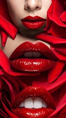 Fototapeta premium Close-up of three sets of red lips, framed by rose petals