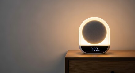 Illuminated digital timepiece emits soft light while resting on a wooden surface in a dimly lit room