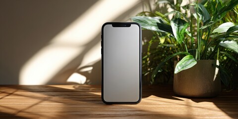 Vibrant smartphone mockup with plant and sunlight