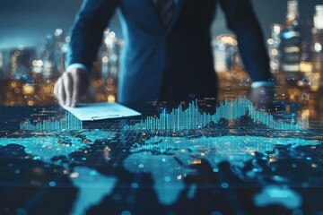 Businessman studies financial data overlay on world map
