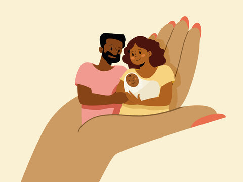 Black parents protecting newborn baby in caring hand