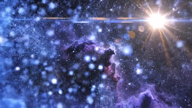 Vibrant blue and purple nebula with bright star and lens flare in deep space illustration vector illustration