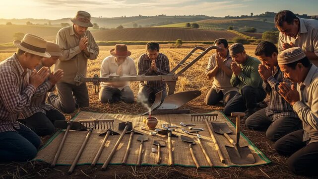 Farmers Pongal Prayer Ceremony Traditional Harvest Festival Ritual in Rural India, Praying for Bountiful Crops with Farming Equipment