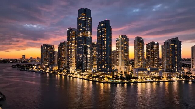 Aerial view of illuminated miami skyline and modern skyscraper buildings reflecting on the water at sunset vector illustration