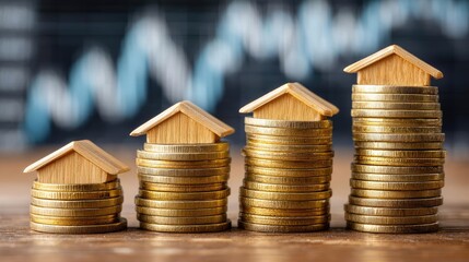 Stacked coins with houses on chart concept. Increasing property values depicted with coins and miniature houses.