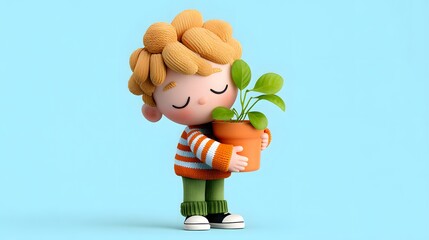 Cute 3D boy hugging a tiny plant pot feeling proud playful pop