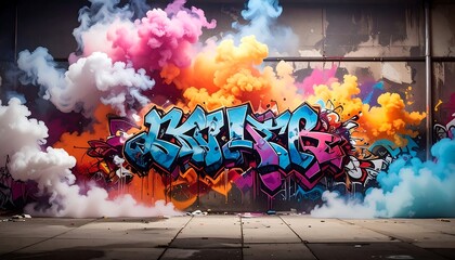 Urban artwork featuring vibrant graffiti text engulfed in colorful smoke against a gritty, concrete wall backdrop