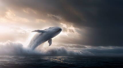A majestic whale leaps out of the ocean, creating a splash against a backdrop of dramatic, stormy clouds. The image evokes a sense of freedom and power.