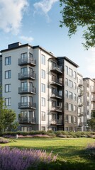 Vibrant modern apartment building with lush landscaping