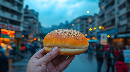 Hand holding a sesame seed bun in a bustling urban street, with blurred pedestrians and city lights in the background