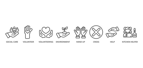 volunteering banner icon concept with icon of social care, volunteer, volunteering, environment, hand up, cross, help, and kitchen helper


 



