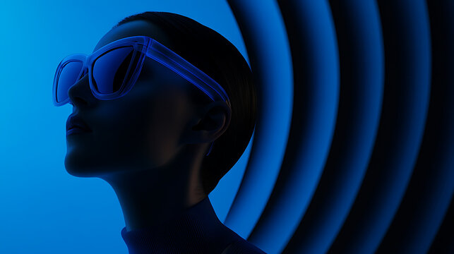 A mysterious silhouette of a person wearing neon blue glasses, standing against an abstract backdrop of blue gradient waves creates a futuristic, modern aesthetic. Sharp.