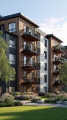 Obraz premium Vibrant modern residential building with lush garden