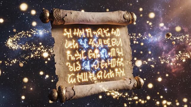 Ancient scroll floating in space surrounded by celestial objects