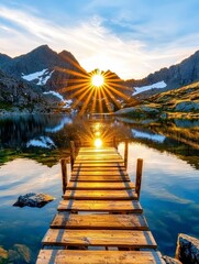 Fototapeta premium Sunrise reflection over serene lake mountain landscape nature photography tranquil environment scenic viewpoint