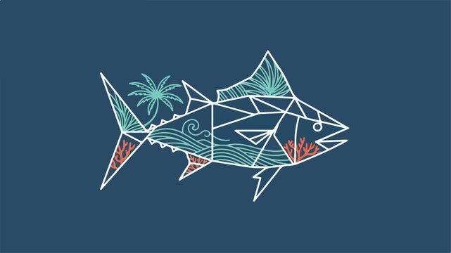 Geometric tuna fish illustration with tropical elements like palm trees and coral.