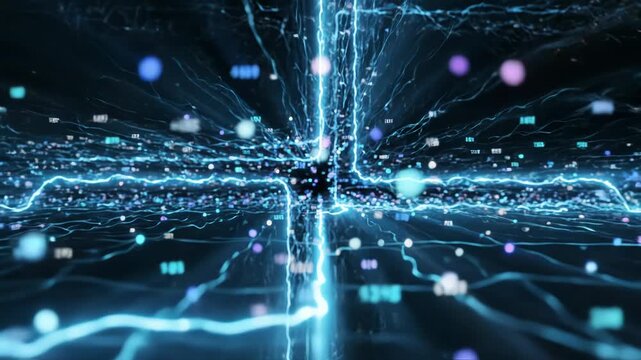 Abstract digital data flow visualization with glowing blue lines and floating numbers in dark space vector illustration