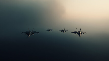 A quartet of powerful jets streaks through the sky, soaring above the clouds. The sky is dark, and the aircrafts look like they are ready to face a hard mission.