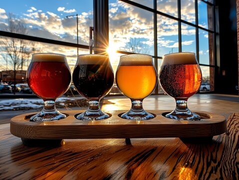 Craft beer tasting experience brewery location beverage photography indoor setting sunset view flavor exploration