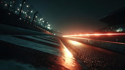 A close-up of illuminated lights on empty track concept. Dynamic night scene showcasing a race track with vibrant lights.
