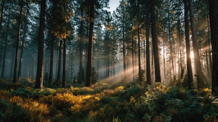 Obraz premium Sunlight streams through a tranquil forest scene creating a serene and natural landscape