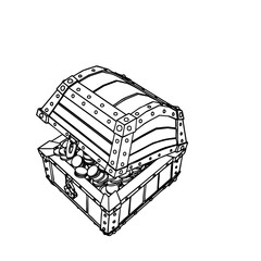 Outline for Half Opened Filled by Coins Medieval Chest with Padlock. Vector Illustration.