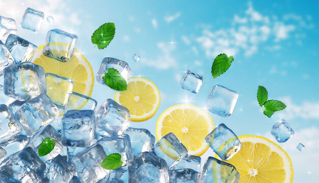 Refreshing beverage flat-lay mockup on blue sky background with lemon, ice, mint leaves