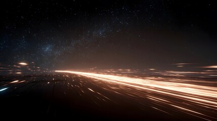 Streams of bright lights speed forward through a dark, starry night sky.