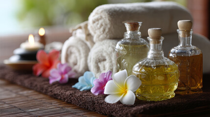 Aromatherapy spa massage essential oil plumeria towel calm scene with soft candlelight and tropical flowers for wellness