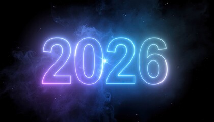 Glowing '2026' text on dark, smoky, starry background