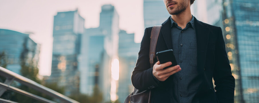 Confident businessman urban skyline modern suit smartphone city street morning light Energized commute through glass towers