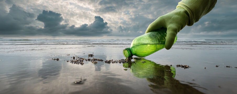 Green glove plastic bottle beach cleanup ocean shore stormy sky reflection low tide environmental pollution volunteer