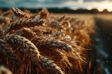 Golden wheat stalks sway gently in a sunlit field at dusk.
