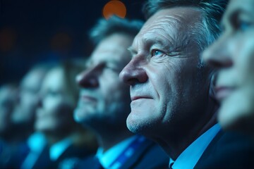 A group of formally dressed people attentively watch an event in a dimly lit auditorium.