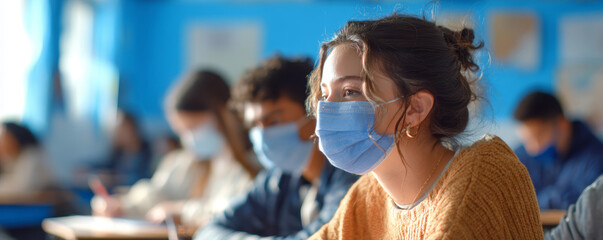 School classroom student face mask learning education teenage girl focus pandemic