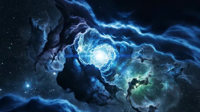 Vibrant blue and teal nebula tunnel with bright light at the center in deep space illustration vector illustration