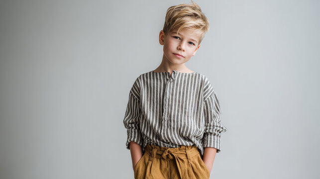 Casual boy portrait striped shirt mustard pants blond hair studio neutral background confident relaxed