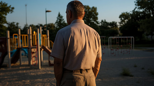 A mature man stands pensively with his back to the camera at a playground bathed in warm sunlight, creating a serene and nostalgic atmosphere, reflecting on memories.