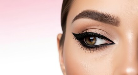 Detailed close up view of a woman?s eye showcasing perfect winged black liquid eyeliner application