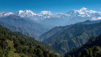 Vibrant panoramic view of snow-capped himalayan mountains and lush green valleys