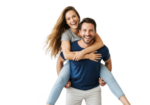 Happy couple piggybacking isolated on transparent background