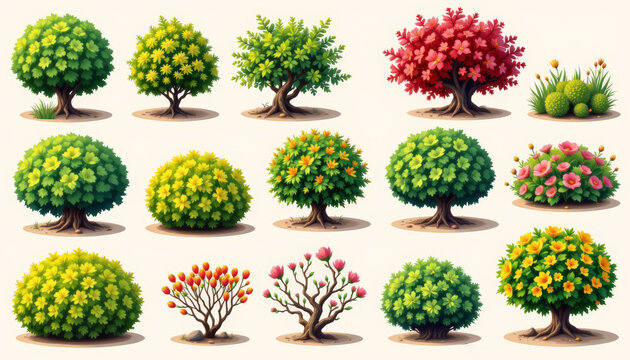 Cartoon bush collection green shrub garden plant floral foliage autumn leaves spring bloom landscape clipart nature set joyful